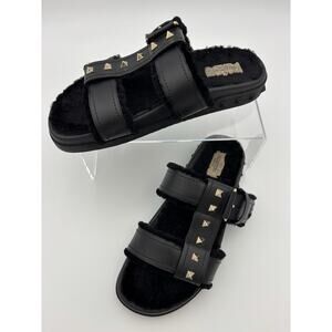Authentic Valentino Rockstud Fur Lined Slides Dad Sandals Black Leather Size 38